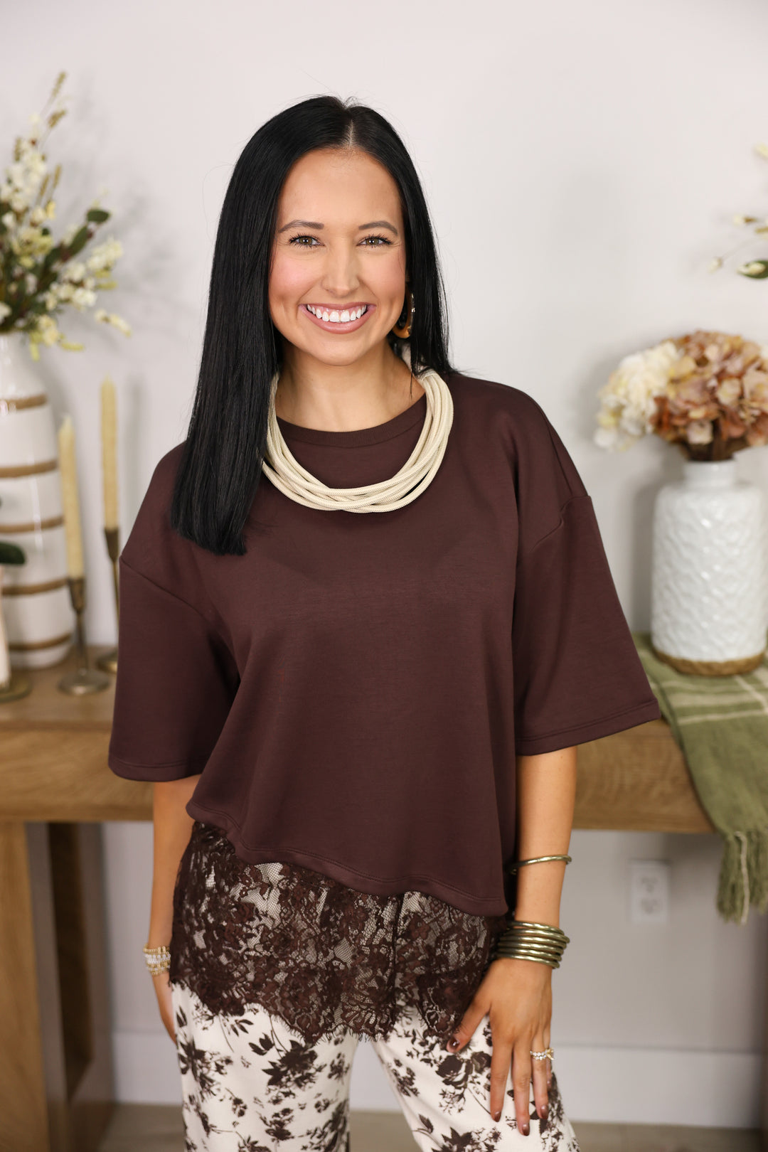 Solid Short Sleeve Knit Top W/ Scallop Lace Hem Detail "Brown"