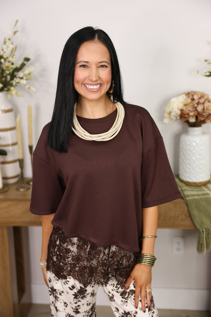 Solid Short Sleeve Knit Top W/ Scallop Lace Hem Detail "Brown"