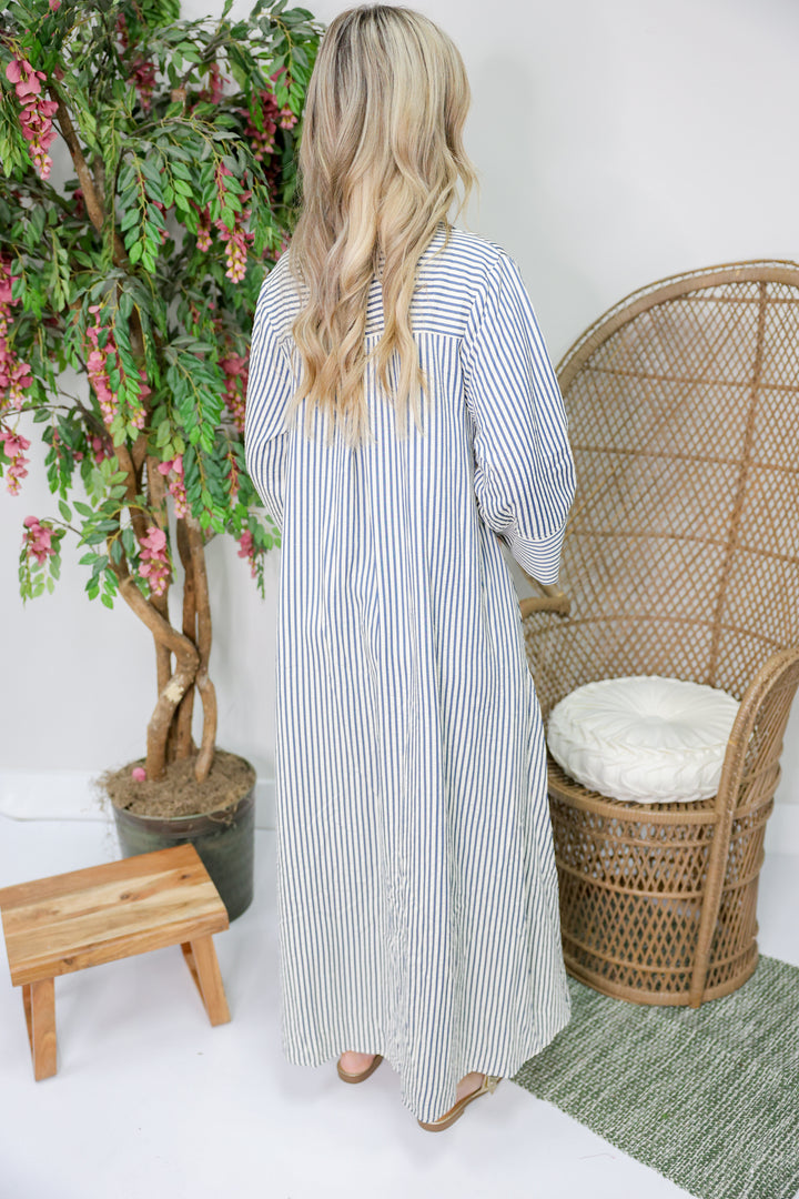 Sarah Striped 3/4 Sleeve Midi Dress "Indigo"