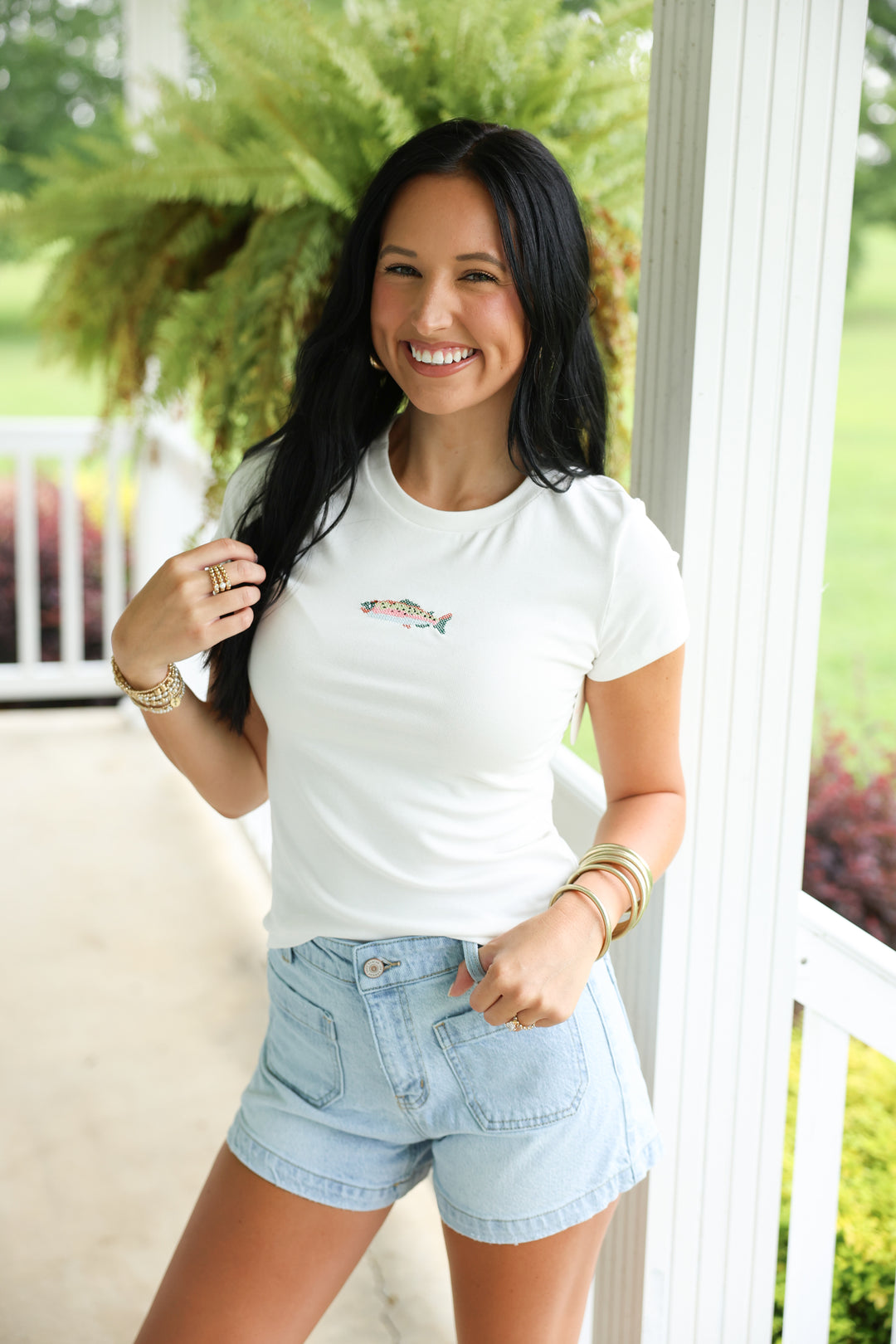Fish Embroidered Baby Tee "Off White"