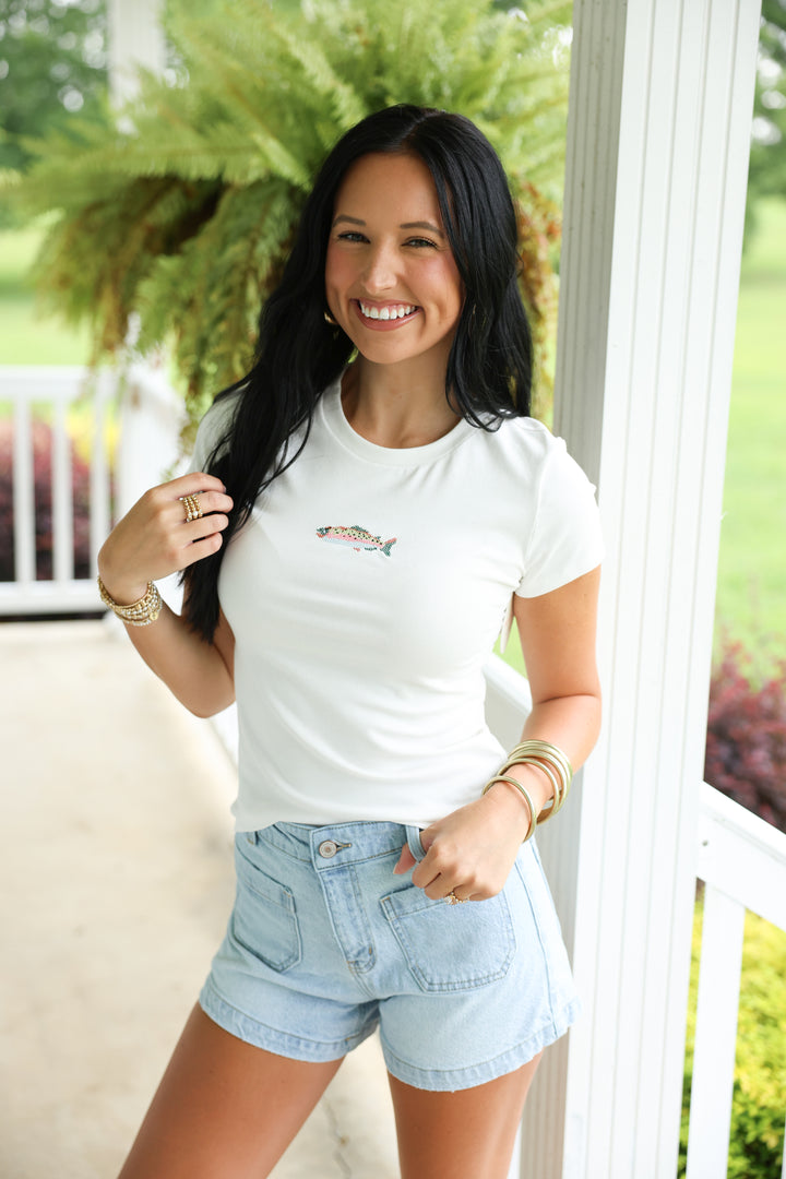 Fish Embroidered Baby Tee "Off White"