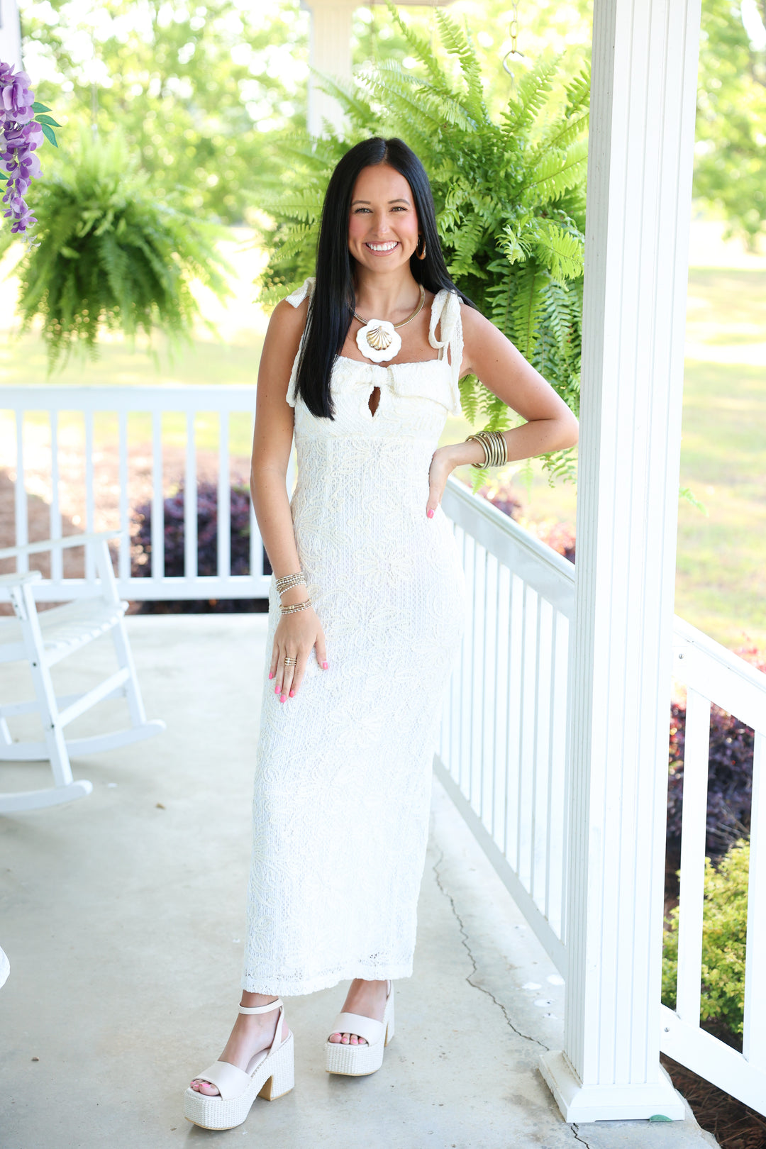 Crochet Embroidered Tie Shoulder Midi Dress Off White Large Crochet Embroidered Tie Shoulder Midi Dress Off White Large