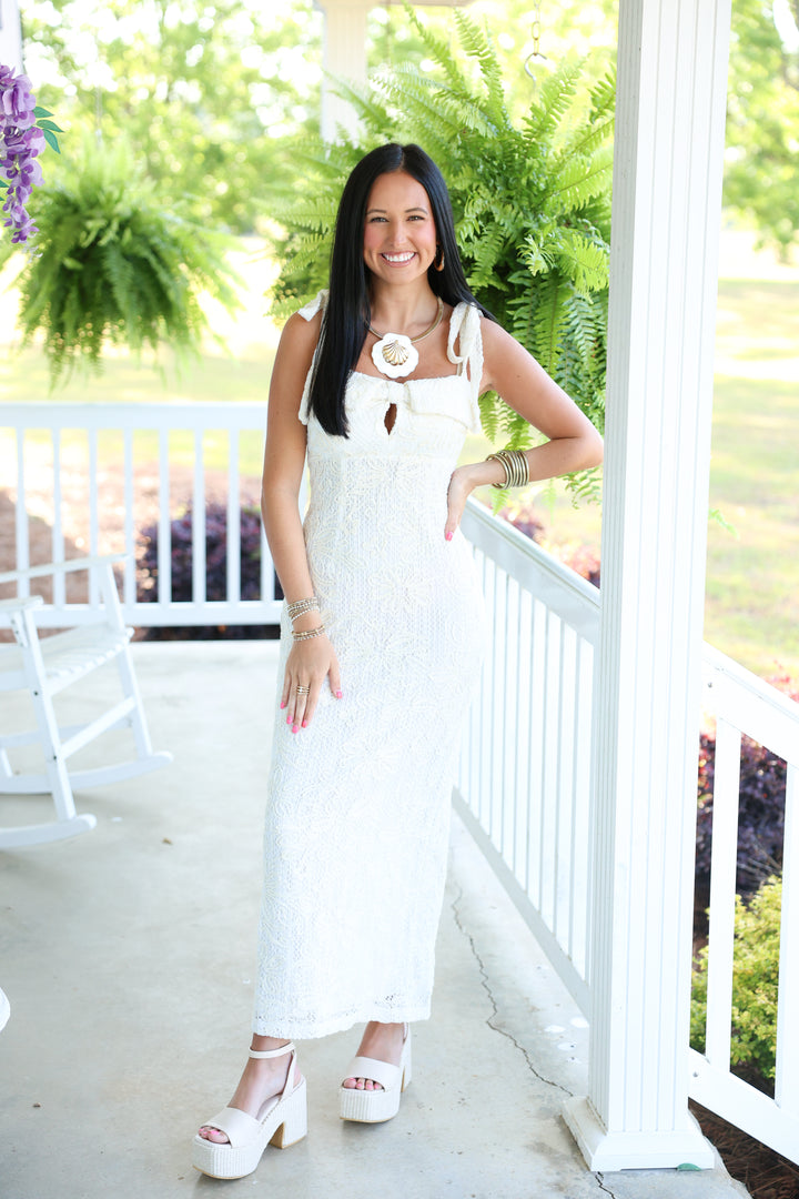 Crochet Embroidered Tie Shoulder Midi Dress "Off White"