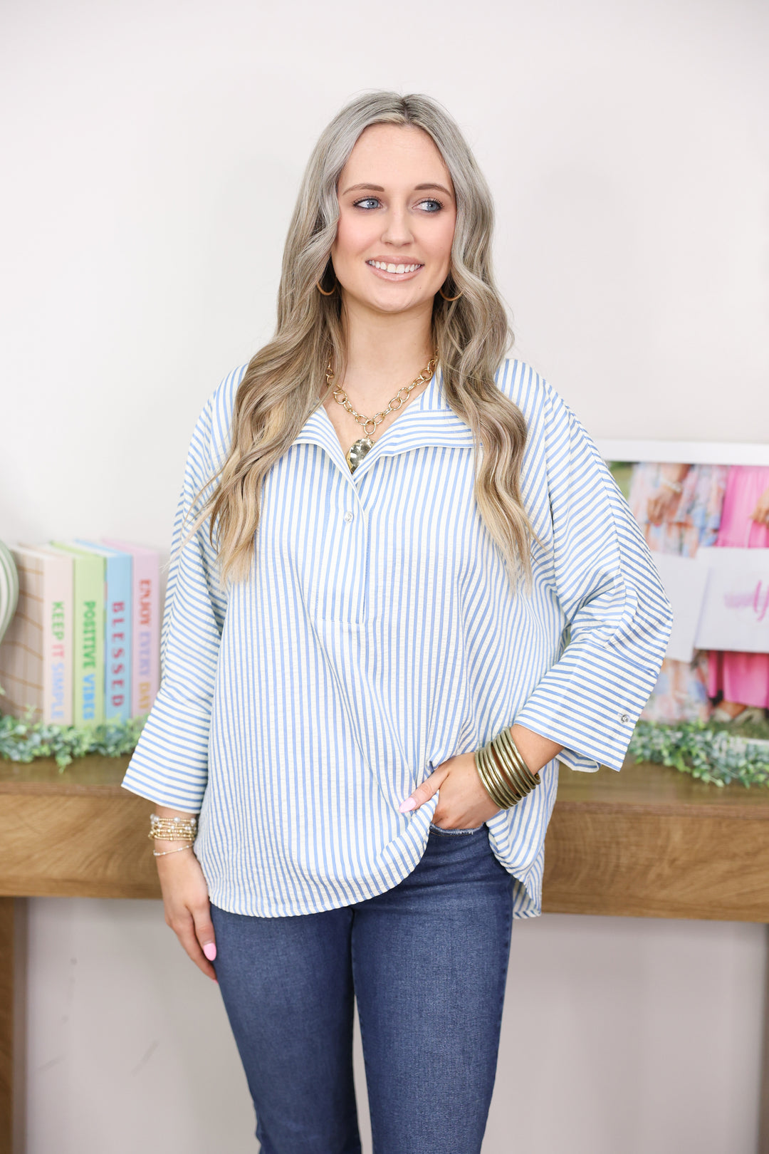 Striped 3/4 Sleeve Top "Blue"