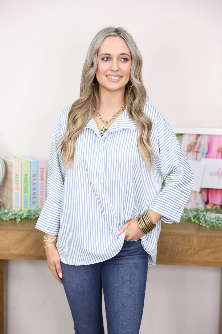 Striped 3/4 Sleeve Top "Blue"