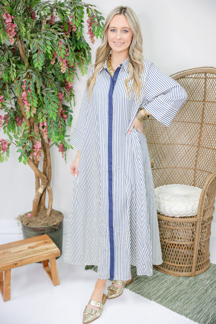 Sarah Striped 3/4 Sleeve Midi Dress "Indigo"