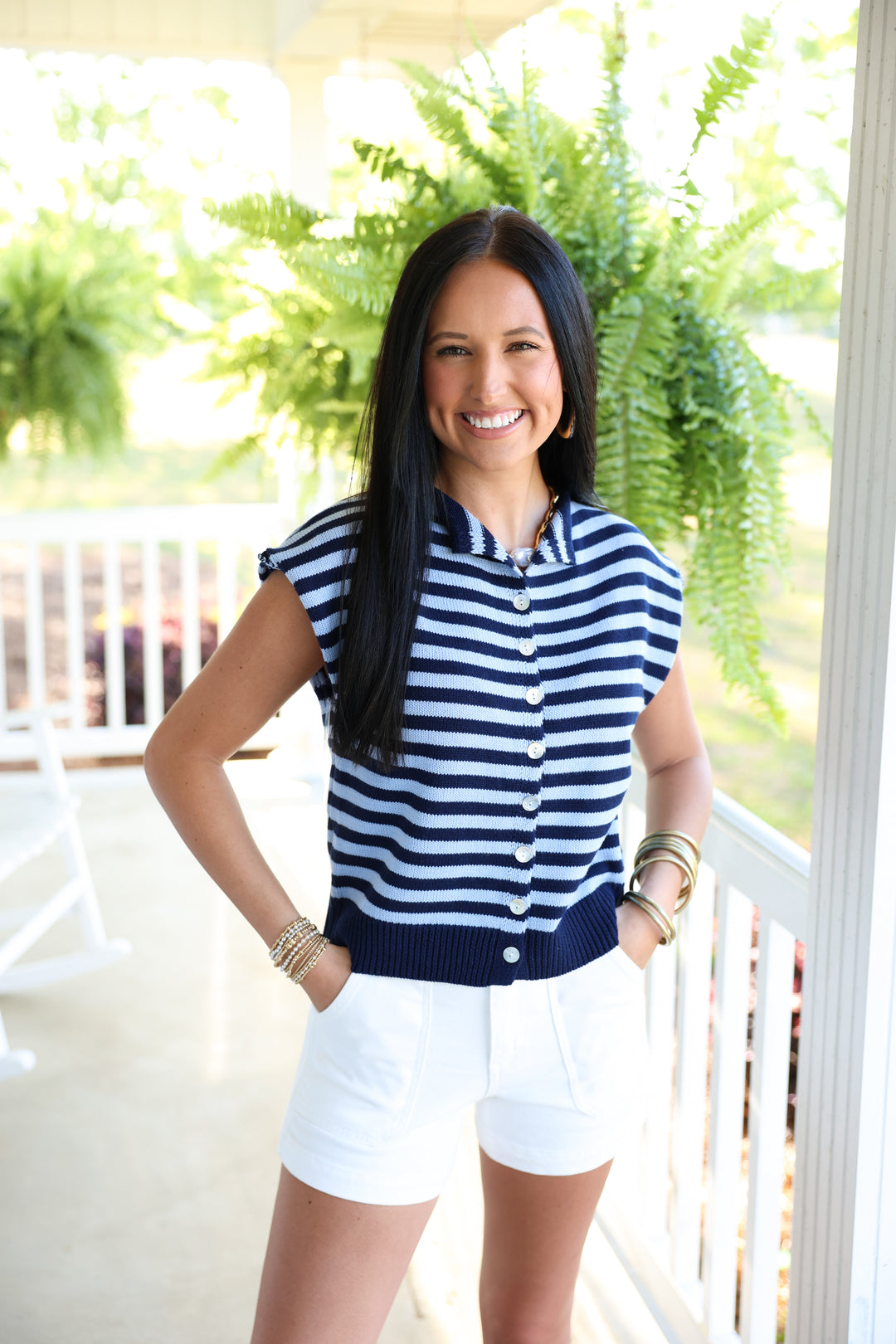 Striped Sleeveless Button Down Top "Navy"