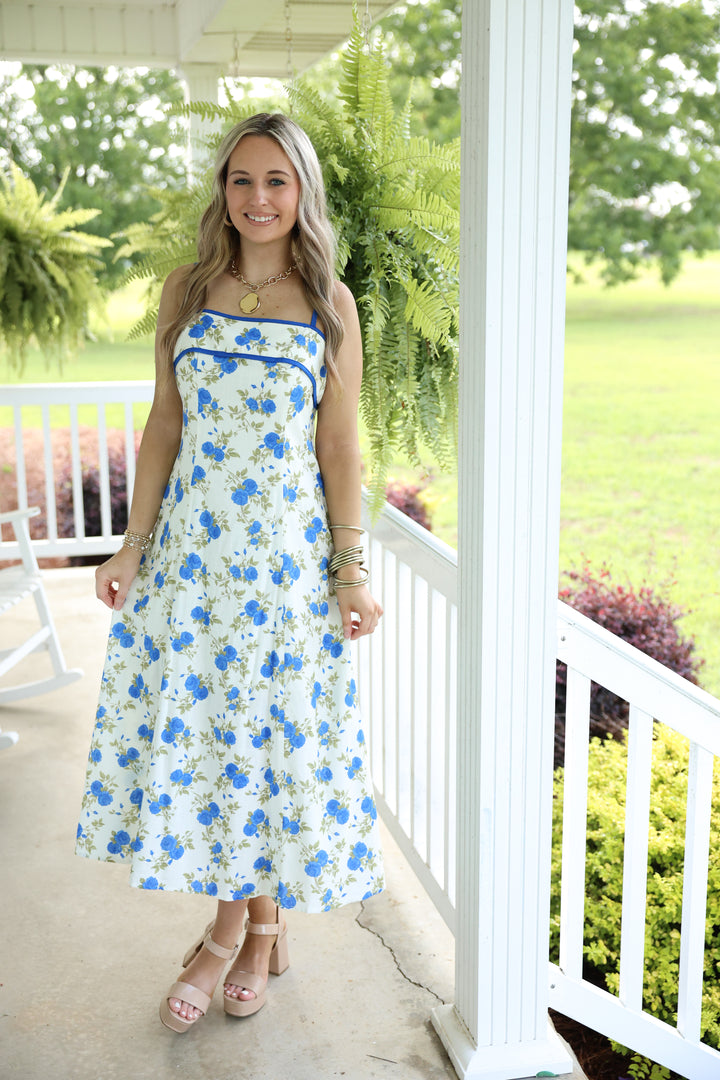 Floral Print Sleeveless Midi Dress "Ivory Blue"