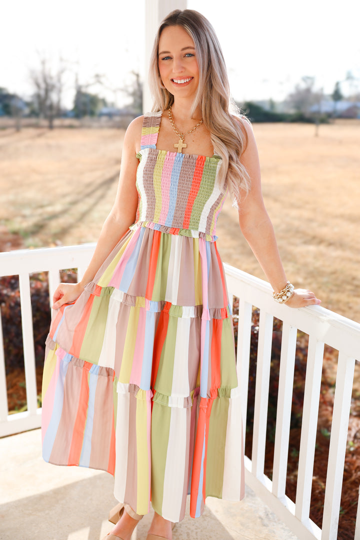 Sassy Striped Midi Dress "Pastel Multi"