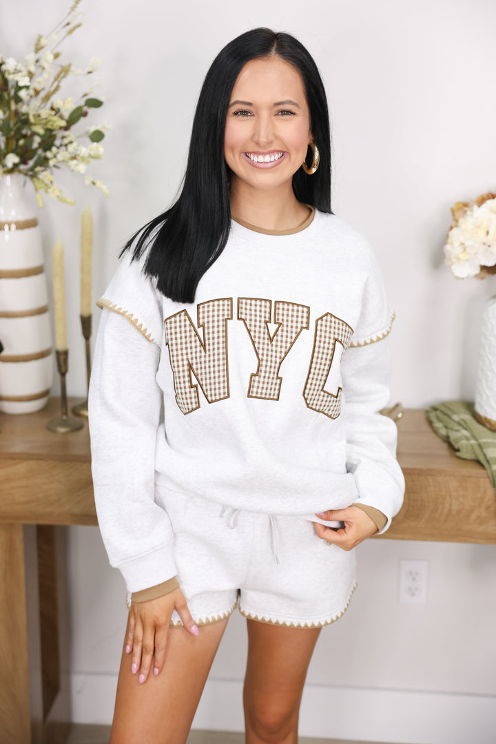 NYC Graphic Pulllover Top & Shorts Set "LT H Grey/Brown"