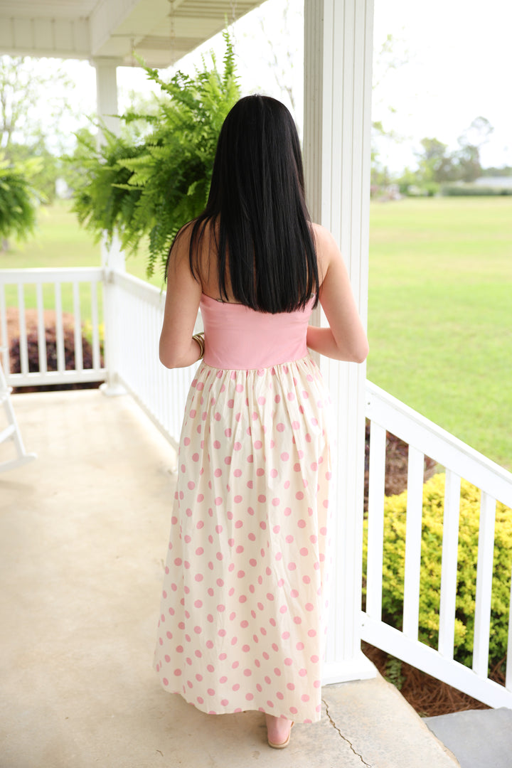 Strapless Knit & Woven Polka Dot Print Tube Midi Dress "Pink"