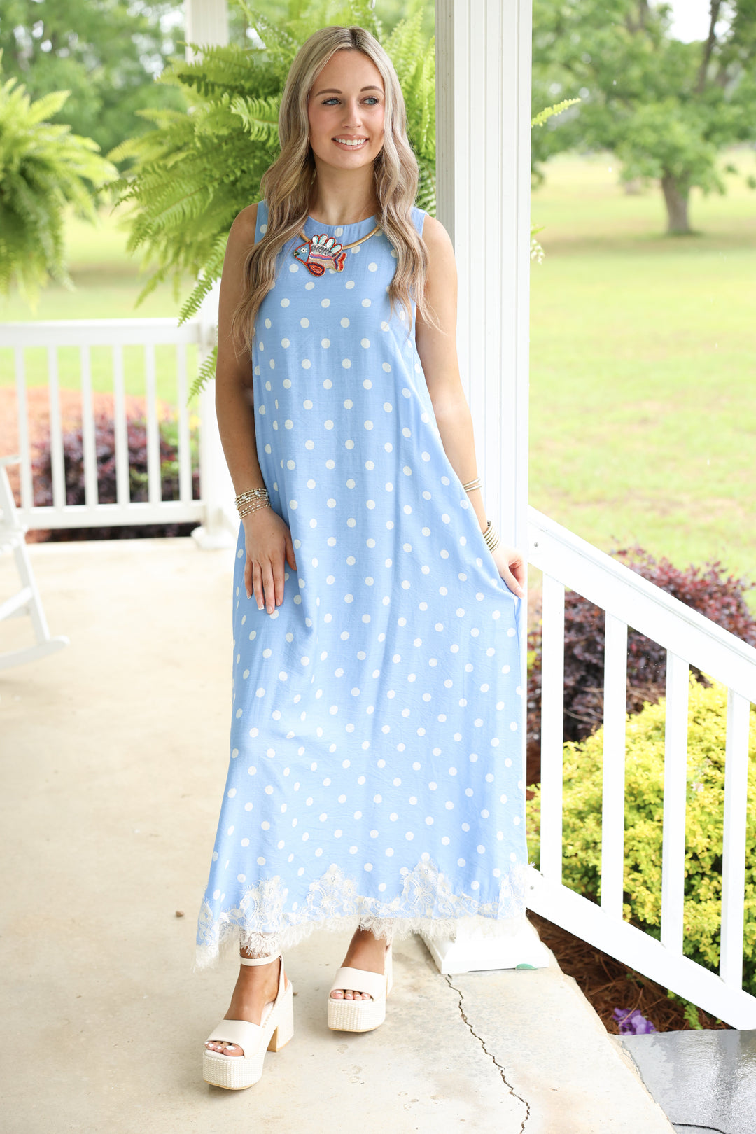 Polka Dot Sleeveless Midi Dress W/ Lace Trim Hem "Blue"