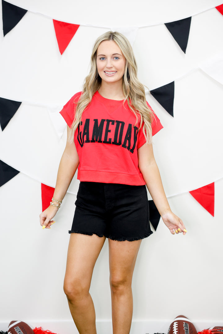 Gameday Boxy Cropped Terry Top "Red/Black"