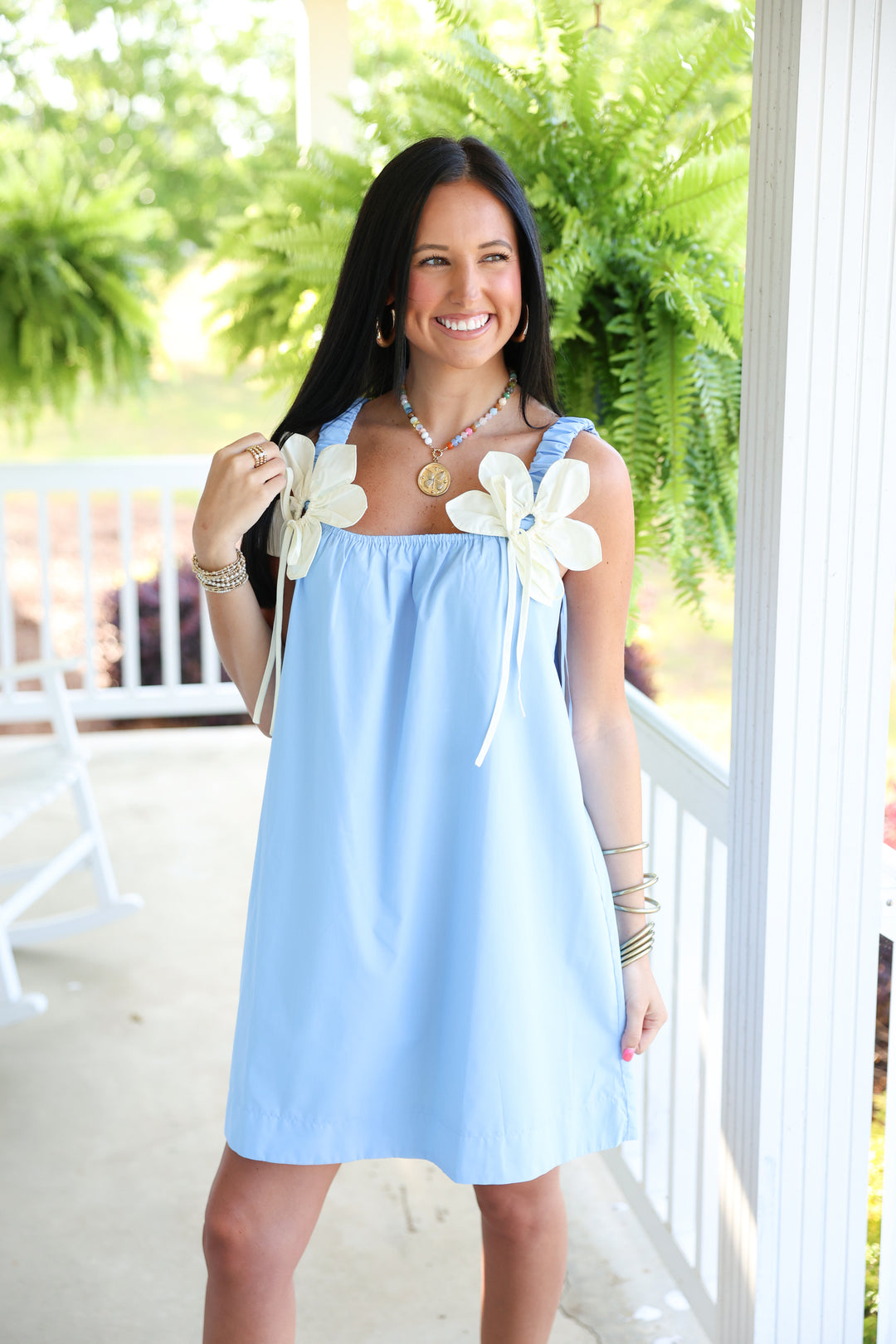 Poplin Mini Dress W/ Contrast Flower Applique "Blue/Cream"