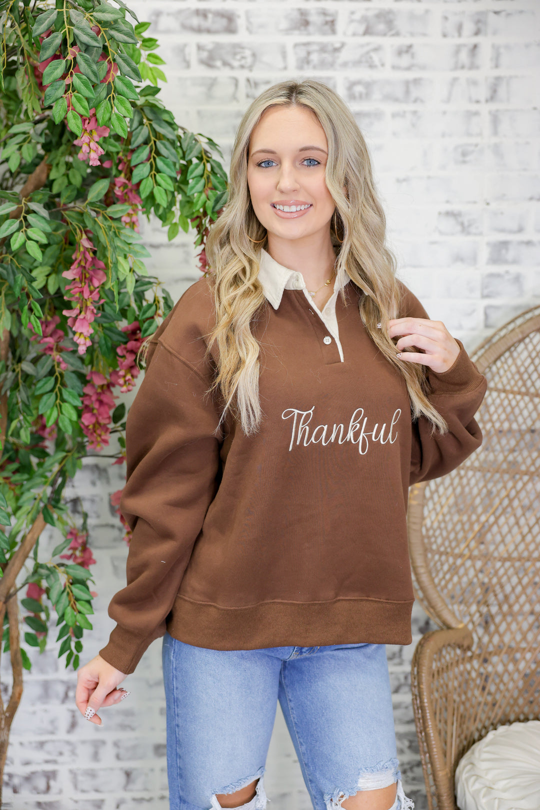 'Thankful' Embo Detail Fleece French Terry Sweatshirt