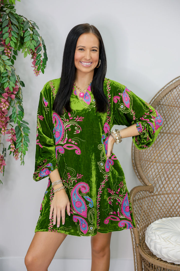 Paisley Dreams Velvet Dress "Avocado Green"