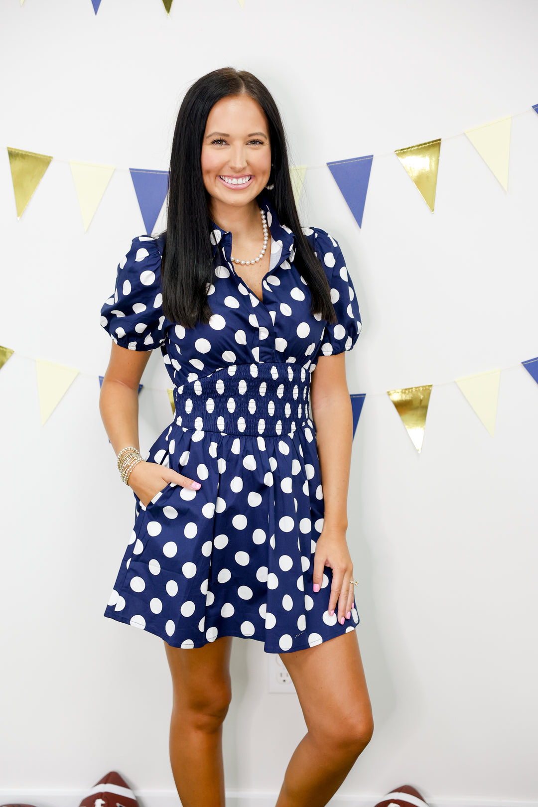 Polka Dot Smocked Waist Mini Dress "Navy"