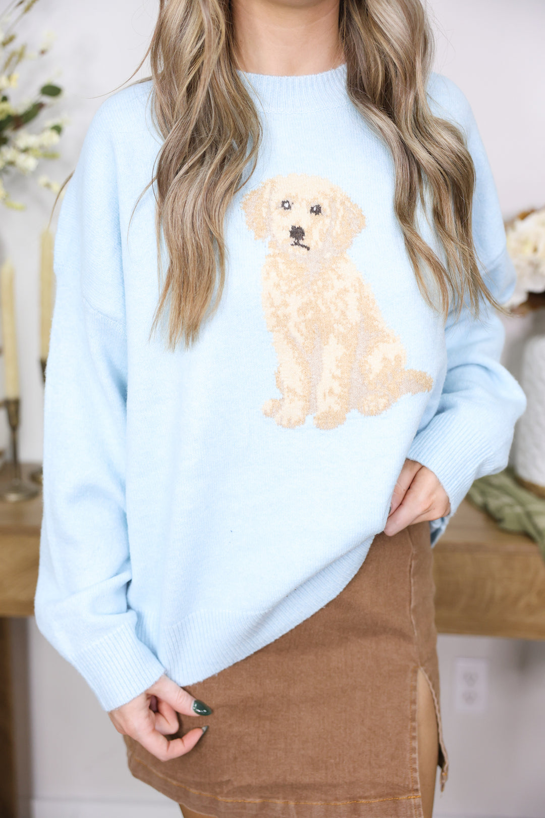 "Golden Doddle Dog" Graphic Long Sleeve Crew Neck Sweater "LT Blue"