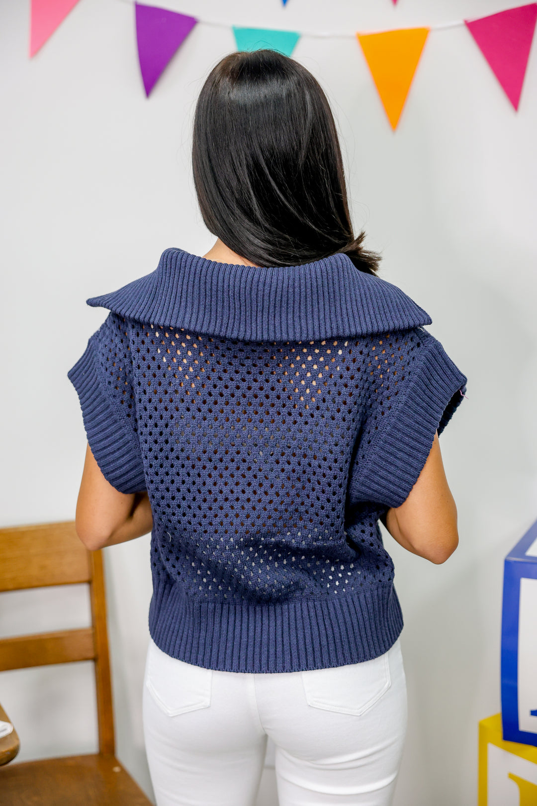 Collared Drop Shoulder Half Zip Sweater Top "Navy"