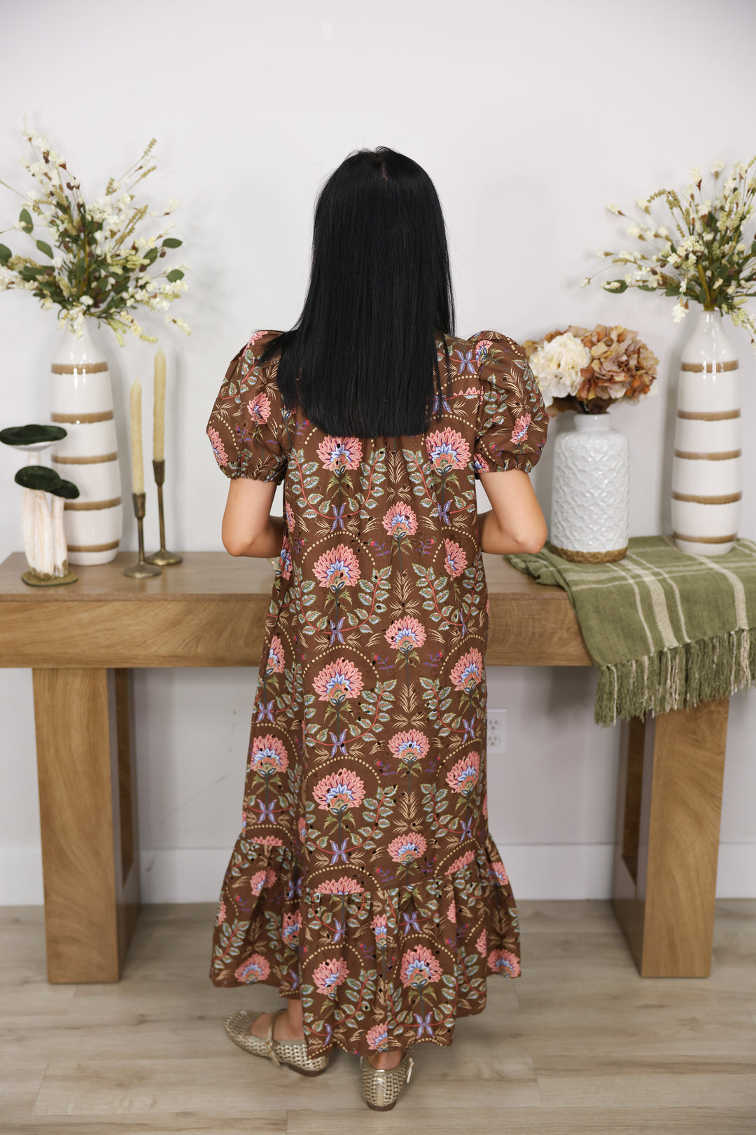 Floral Print Everlasting Eyelet Dress "Brown"