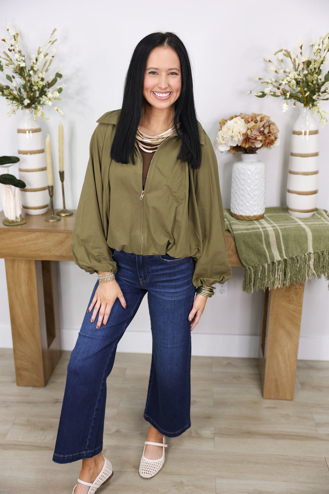 Solid Long Sleeve Jacket W/ Gold Zipper "Olive"