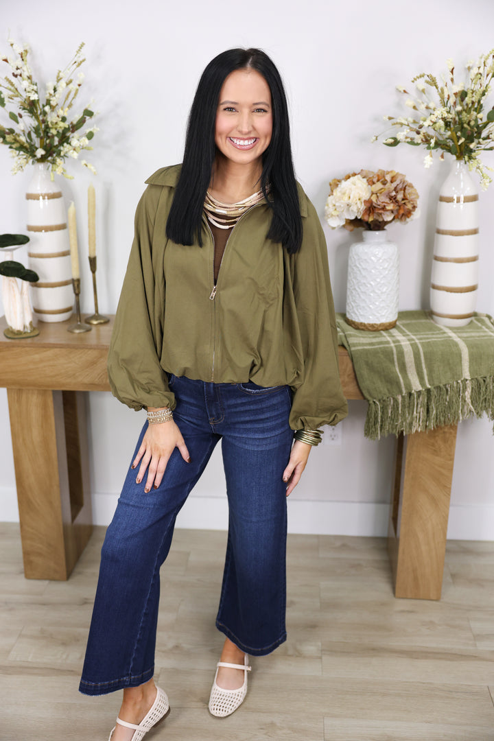 Solid Long Sleeve Jacket W/ Gold Zipper "Olive"