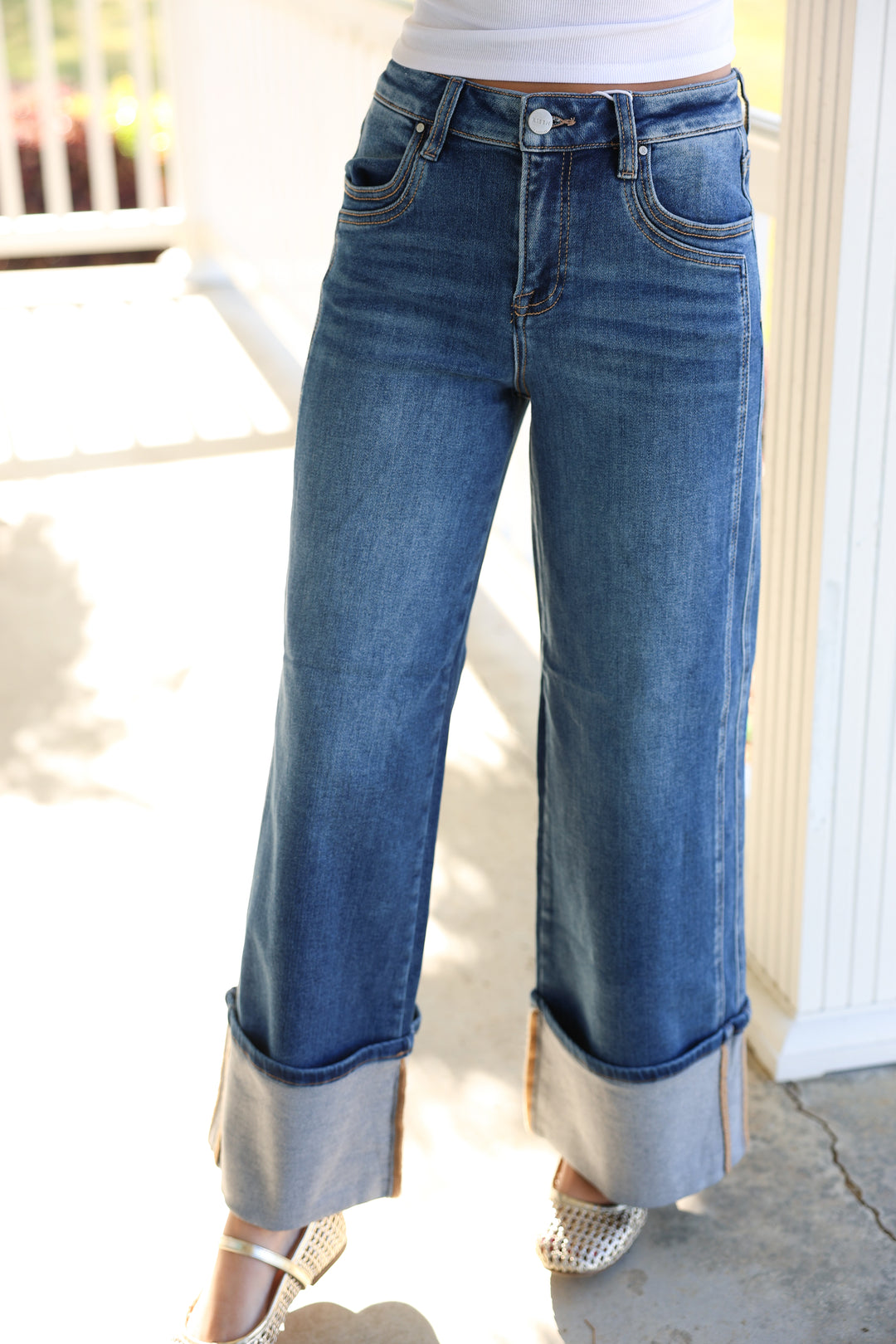 Risen - High Rise Wide Leg Cuffed Jeans W/ Double Front Pocket Detail "Dark"