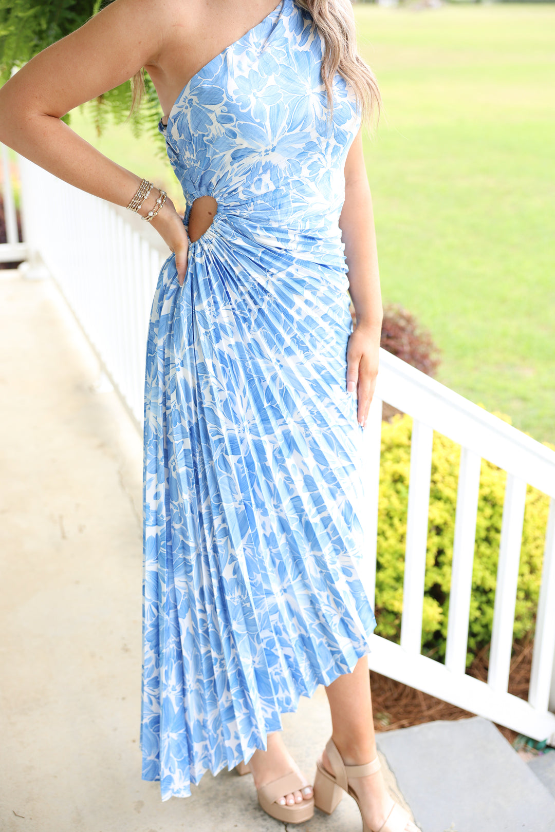 Blue Skies & Blooms Pleated Midi Dress