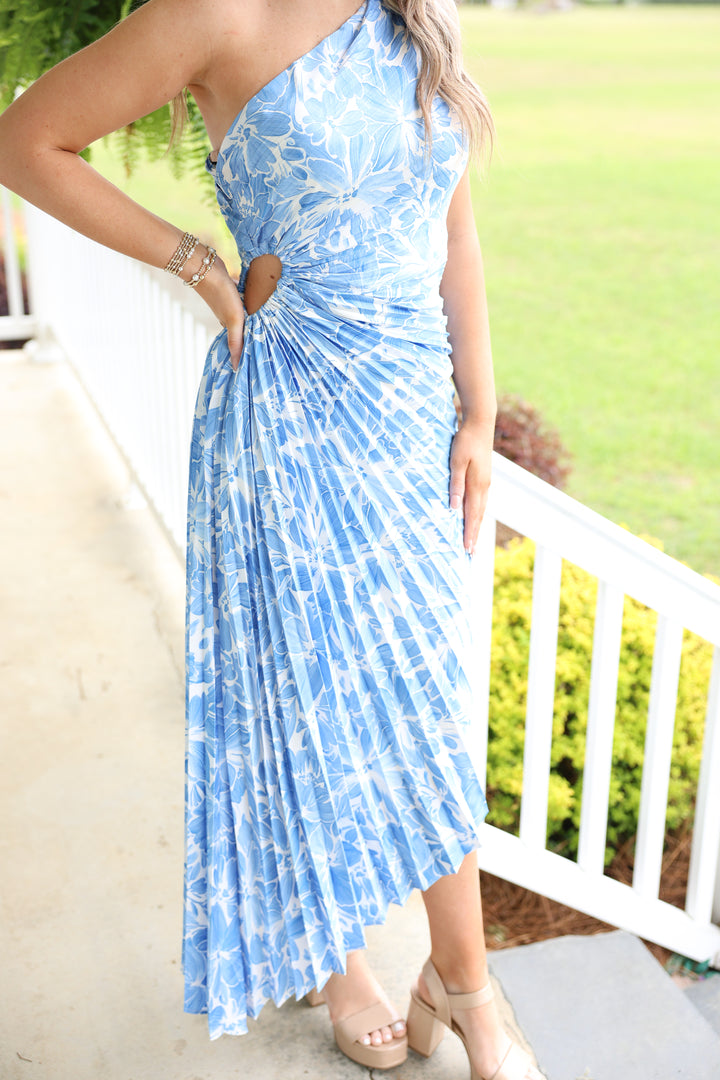 Blue Skies & Blooms Pleated Midi Dress