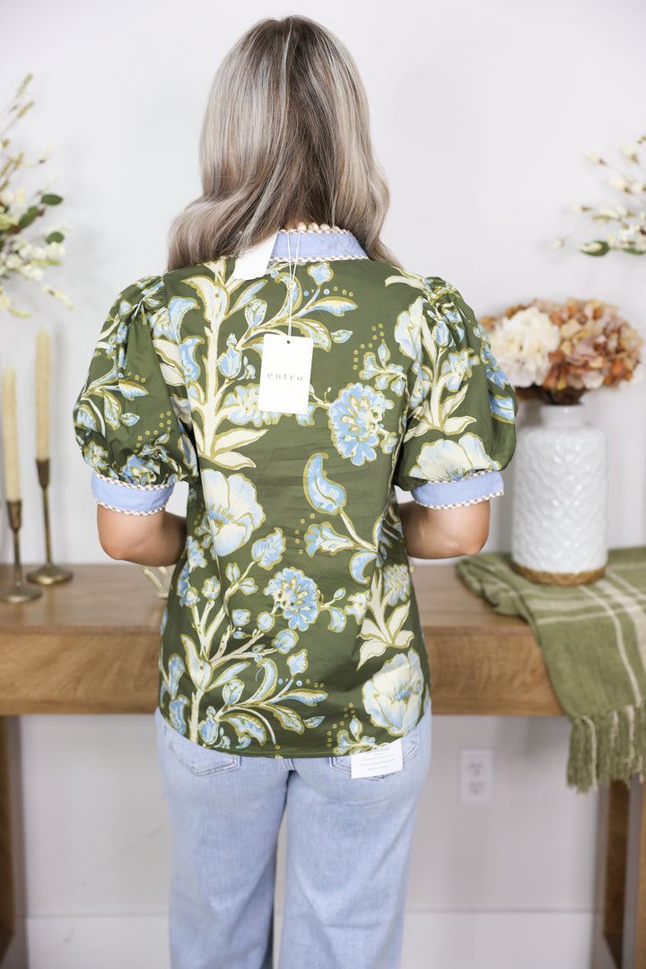 Olive & Blue Bloom Top