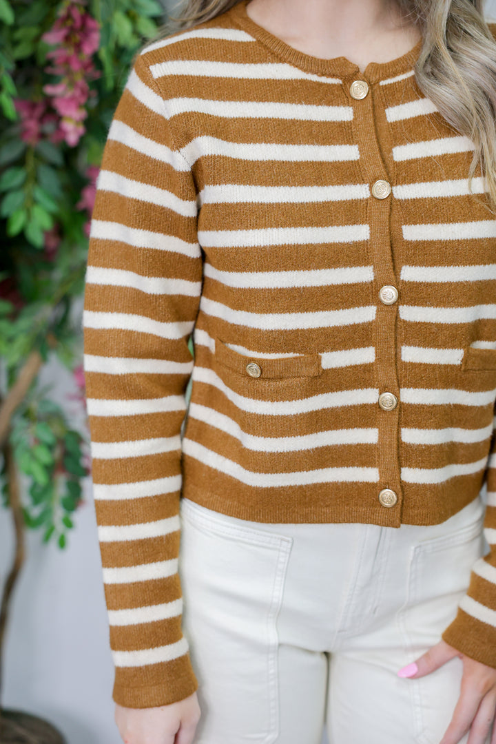 Stripe Pattern/Gold Accent Button Cardigan "Brown"