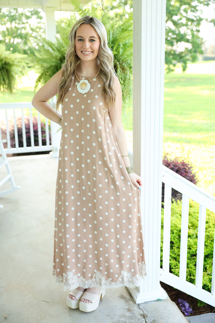Polka Dot Sleeveless Midi Dress W/ Lace Trim Hem "Latte"