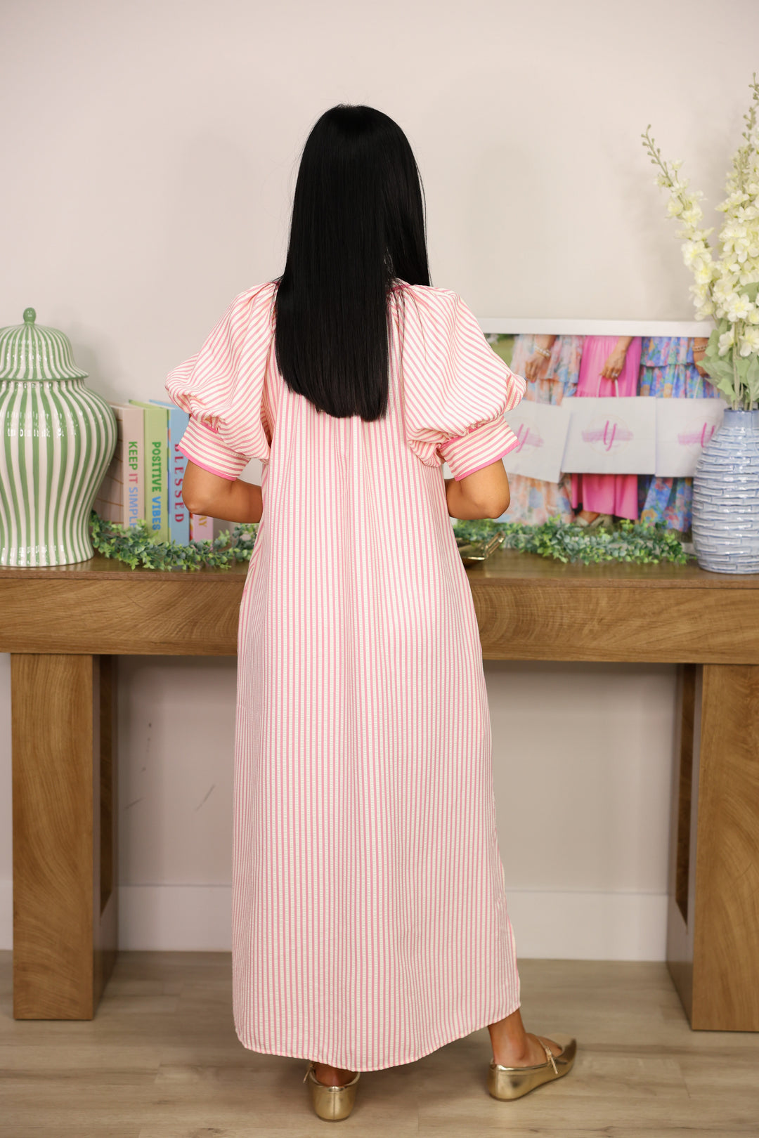 Sunday Stroll Stripe Floral Embroidery Dress "Pink"