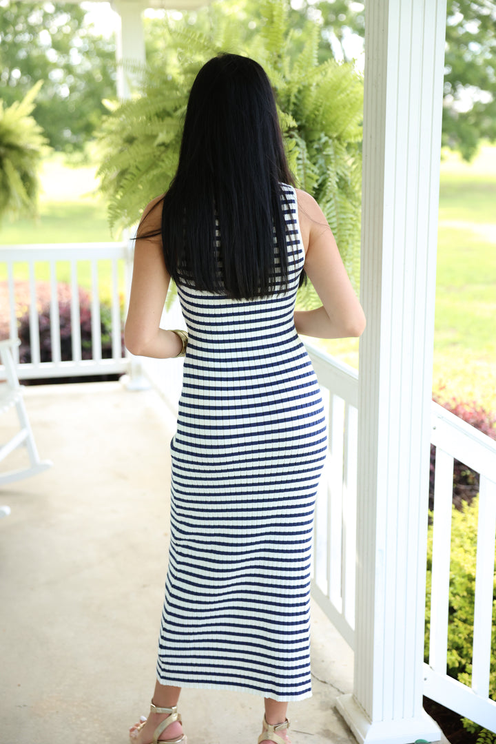 Sleeveless Round Neck Striped Rib Sweater Midi Dress "White/Navy"