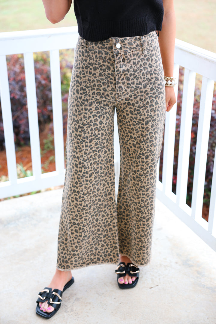 Mid Rise Leopard Twill Denim Frayed Hem Wide Leg Pants