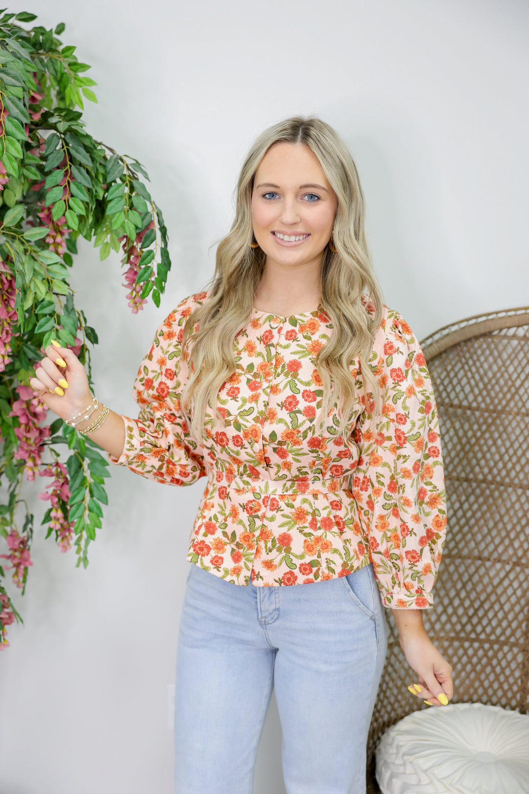Peach Rust Floral Button Top