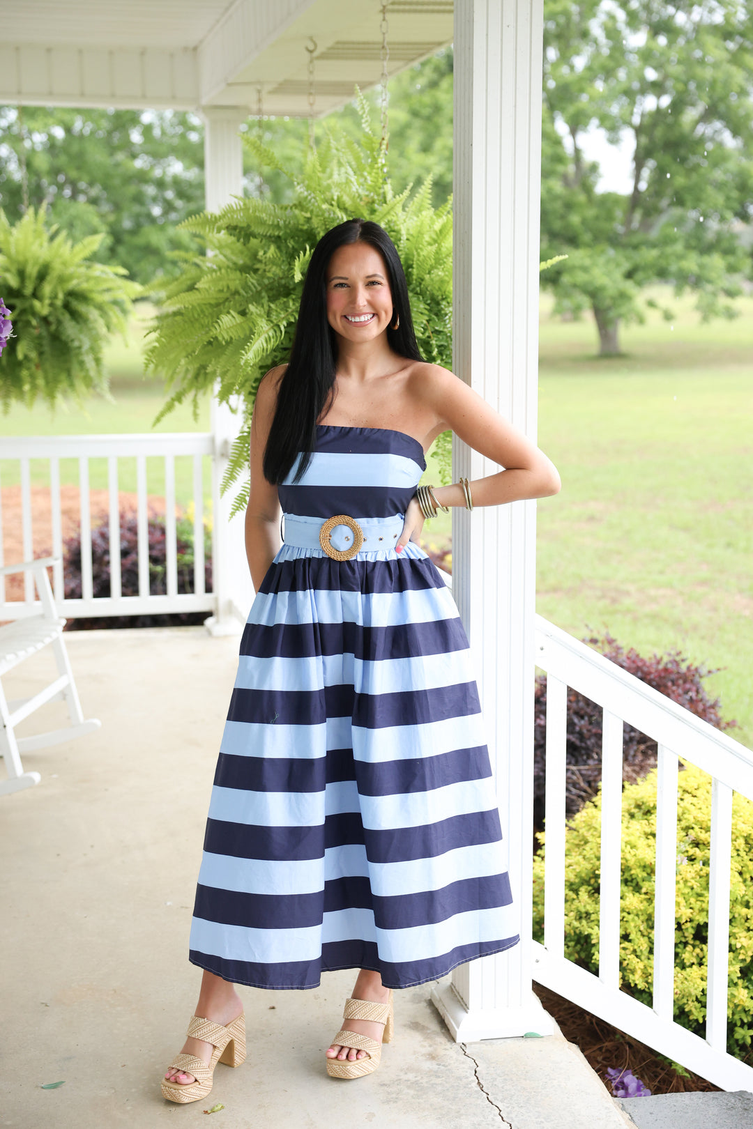 Sunshine Stripes Strapless Midi Dress "Navy"