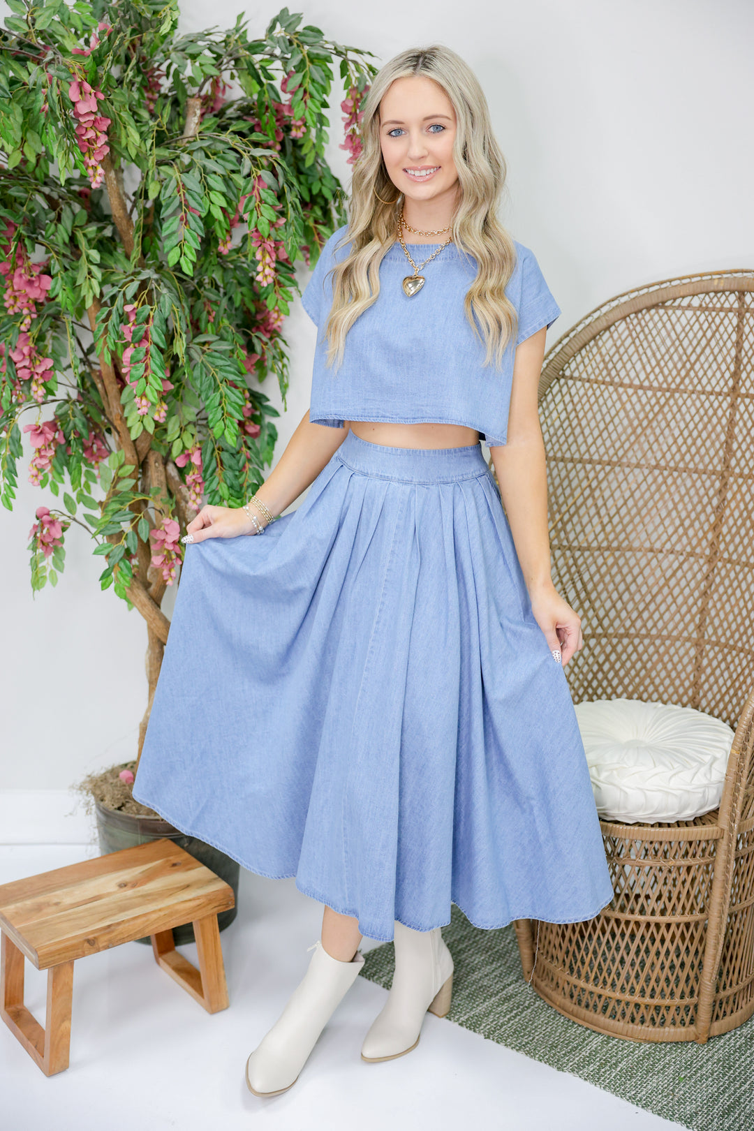 Darling Denim Midi Skirt Set