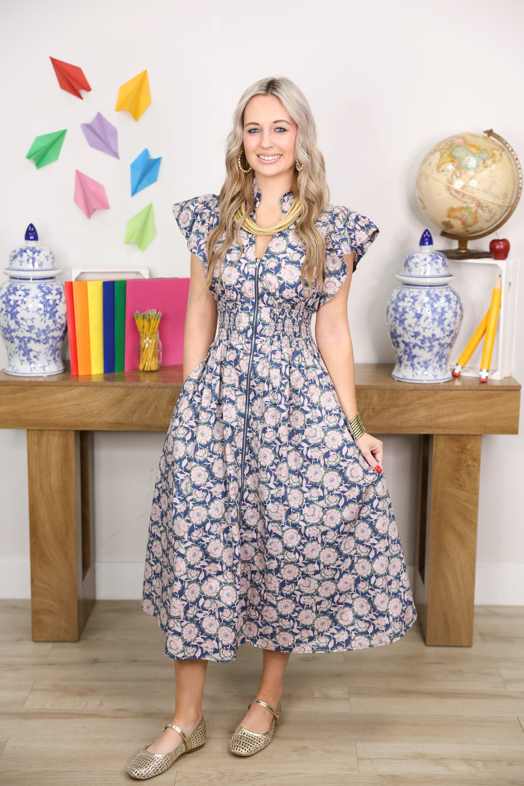 Vintage Petals Midi Dress Navy Small