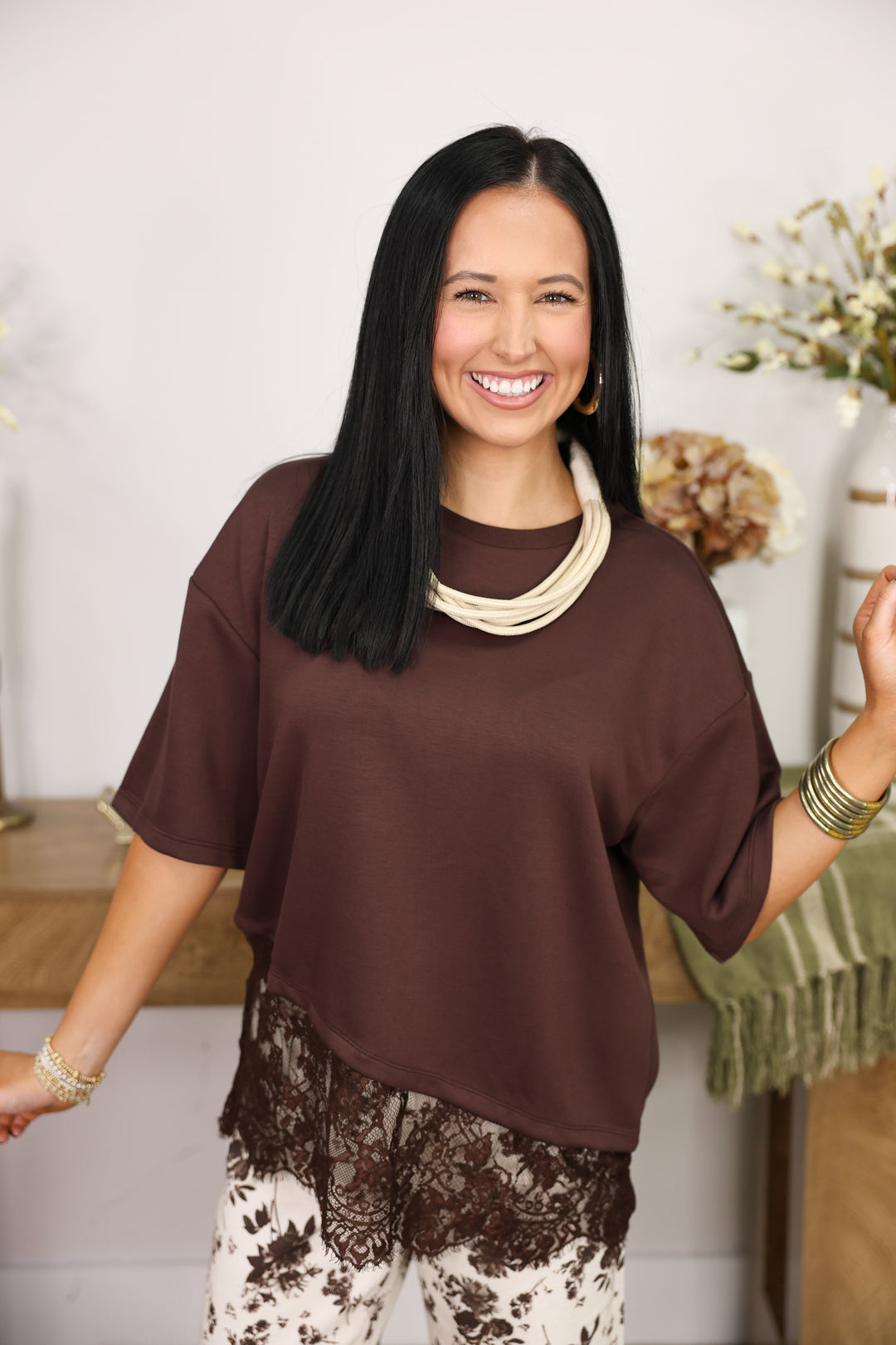 Solid Short Sleeve Knit Top W/ Scallop Lace Hem Detail "Brown"