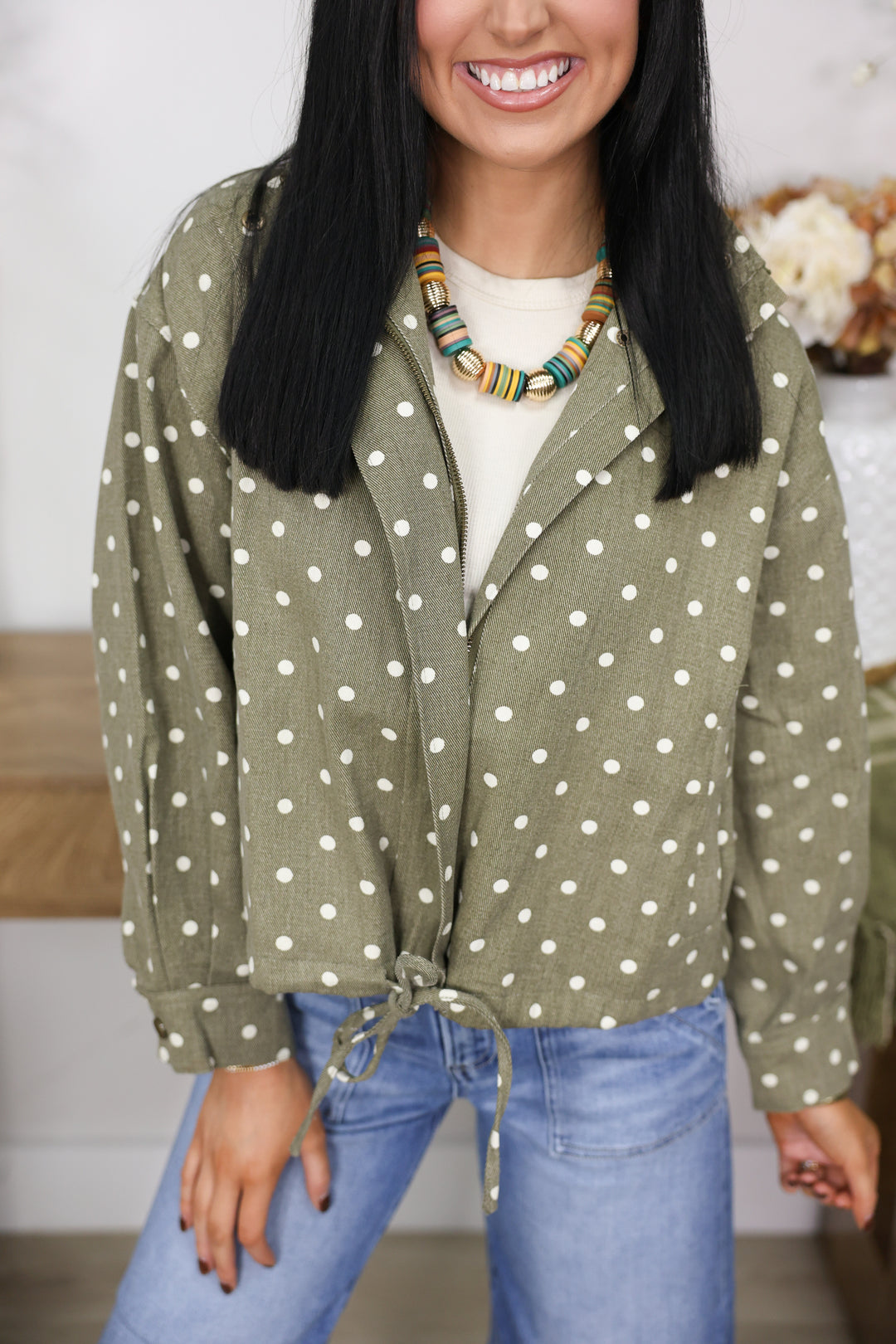 Polka dot Collared Long Sleeve Jacket "Olive"