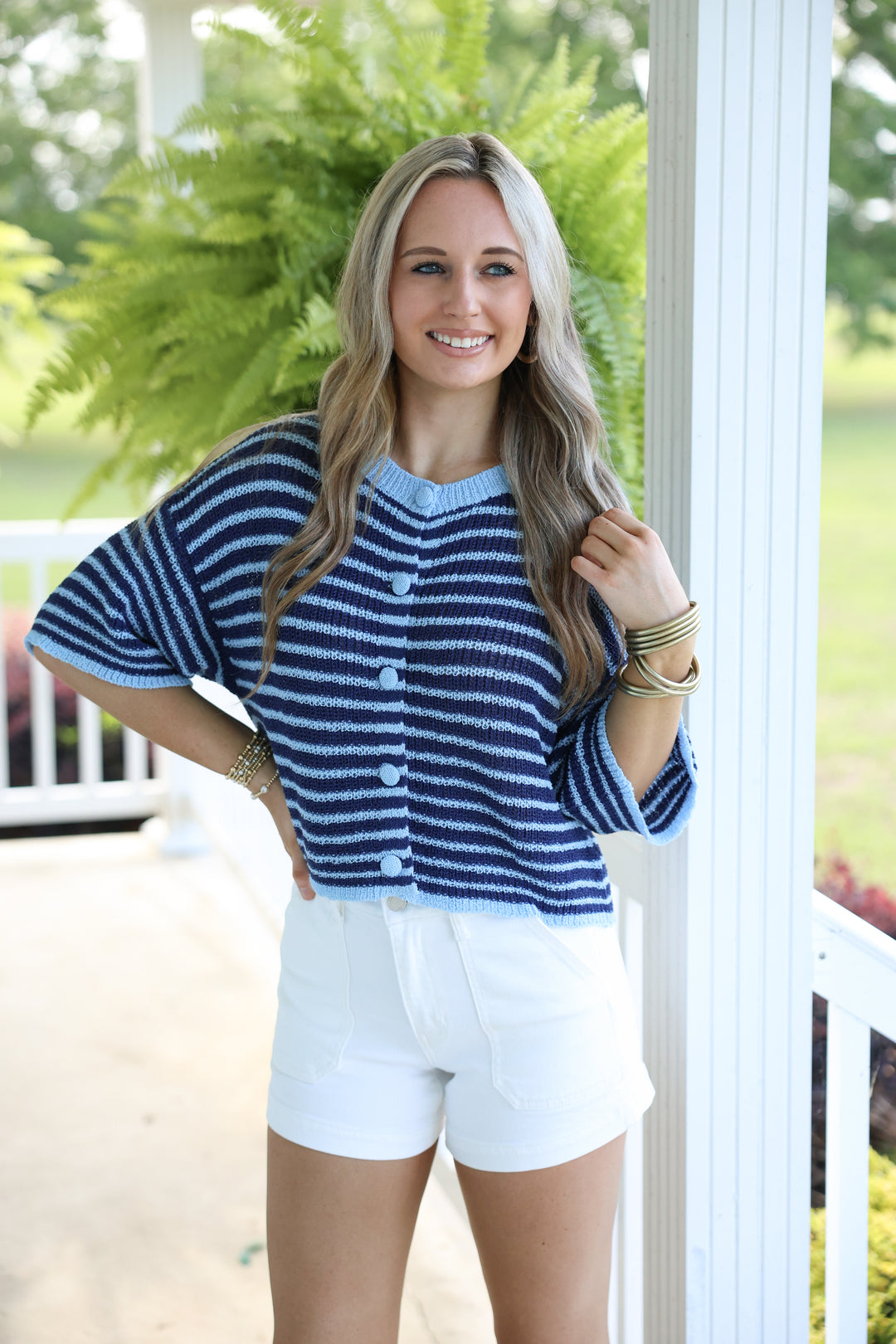 Harbor Stripe Button Top "Navy"