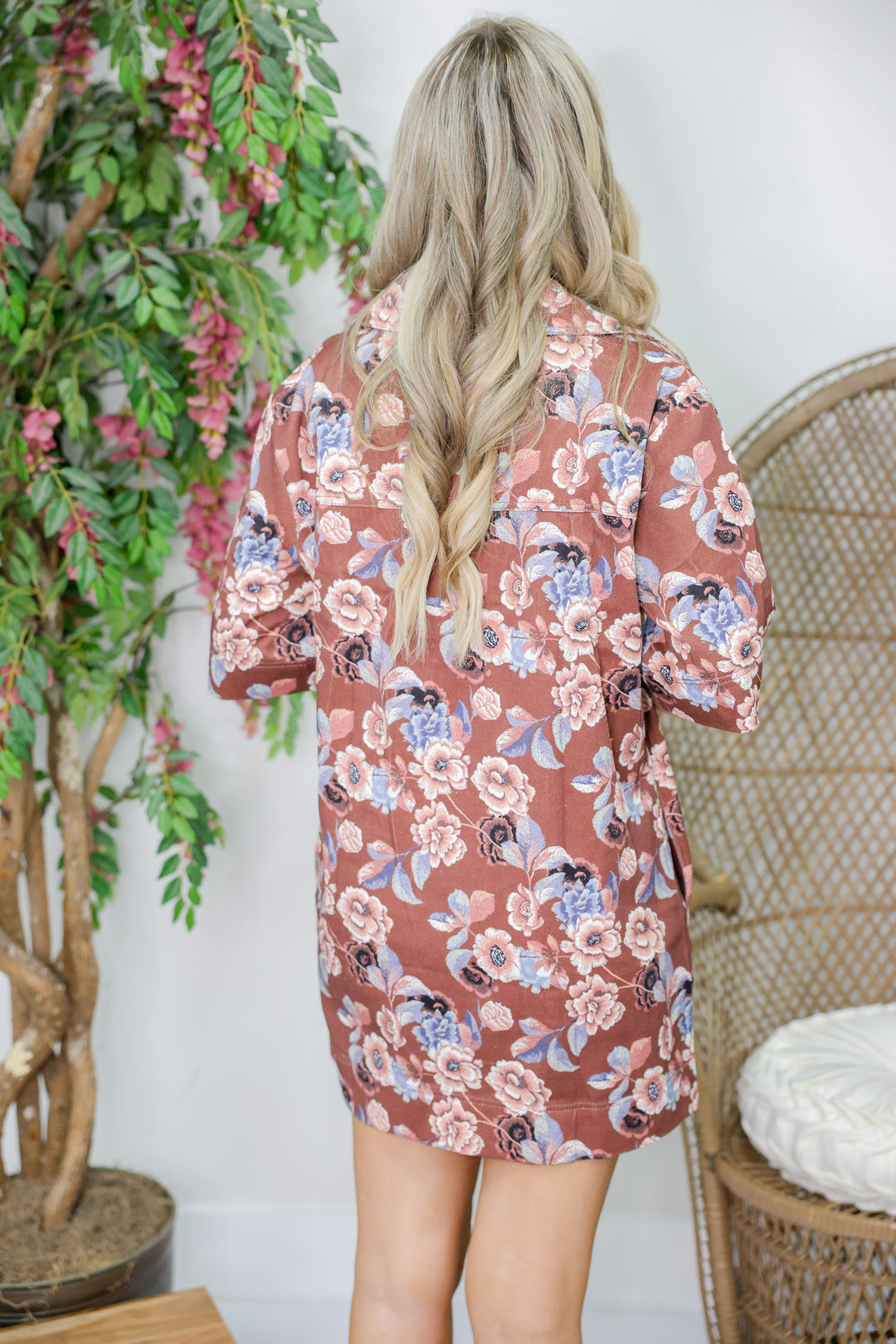 Angie Floral Twill Shift Dress "Brown/Cream"