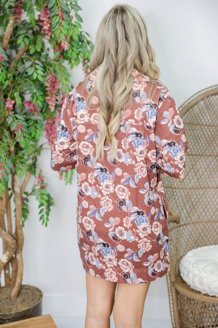 Angie Floral Twill Shift Dress "Brown/Cream"