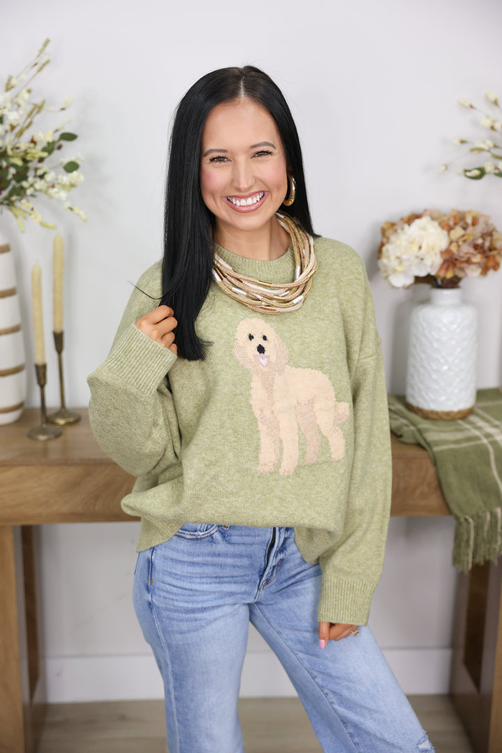 Golden Doodle Dog Graphic Oversized Crew Neck Sweater "Olive"