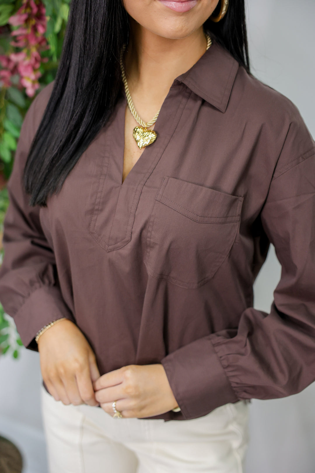 Solid Long Shirt Sleeve Spread Collar Pullover Top "Brown"