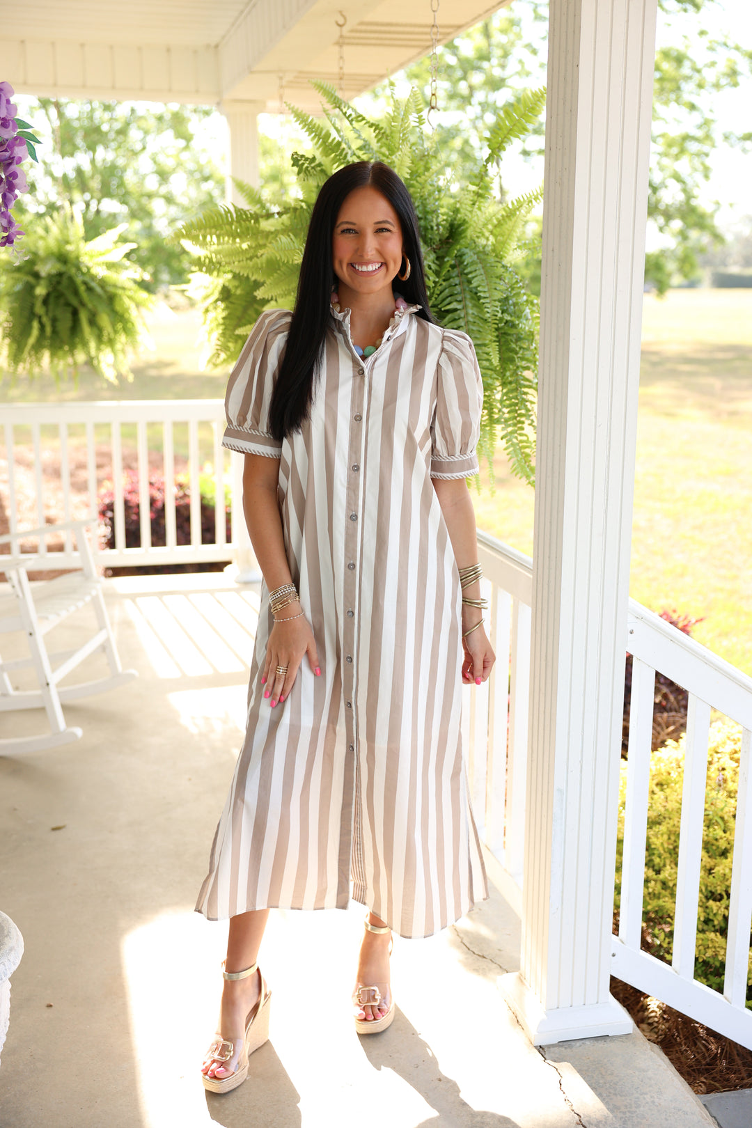Seaside Striped Print Short Puff Sleeve Midi Dress "Taupe"