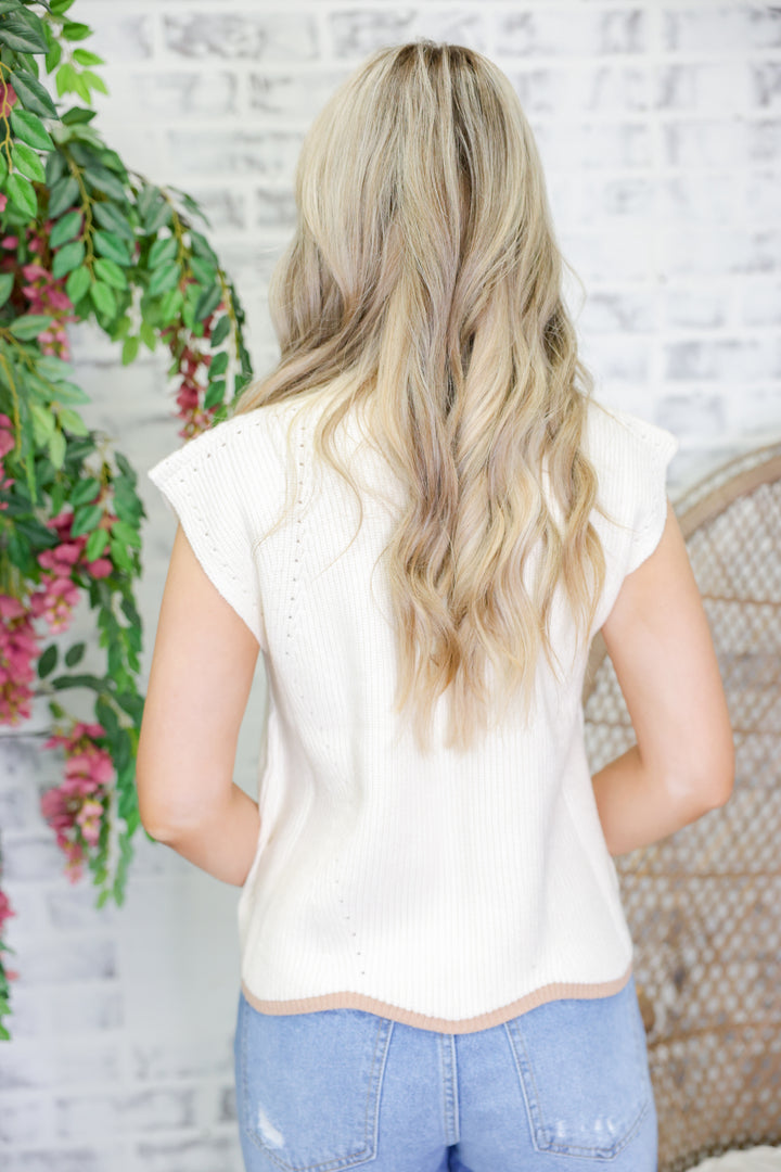 Drop Shoulder Floral Scallop Hem Sweater Top "Lt.Taupe"