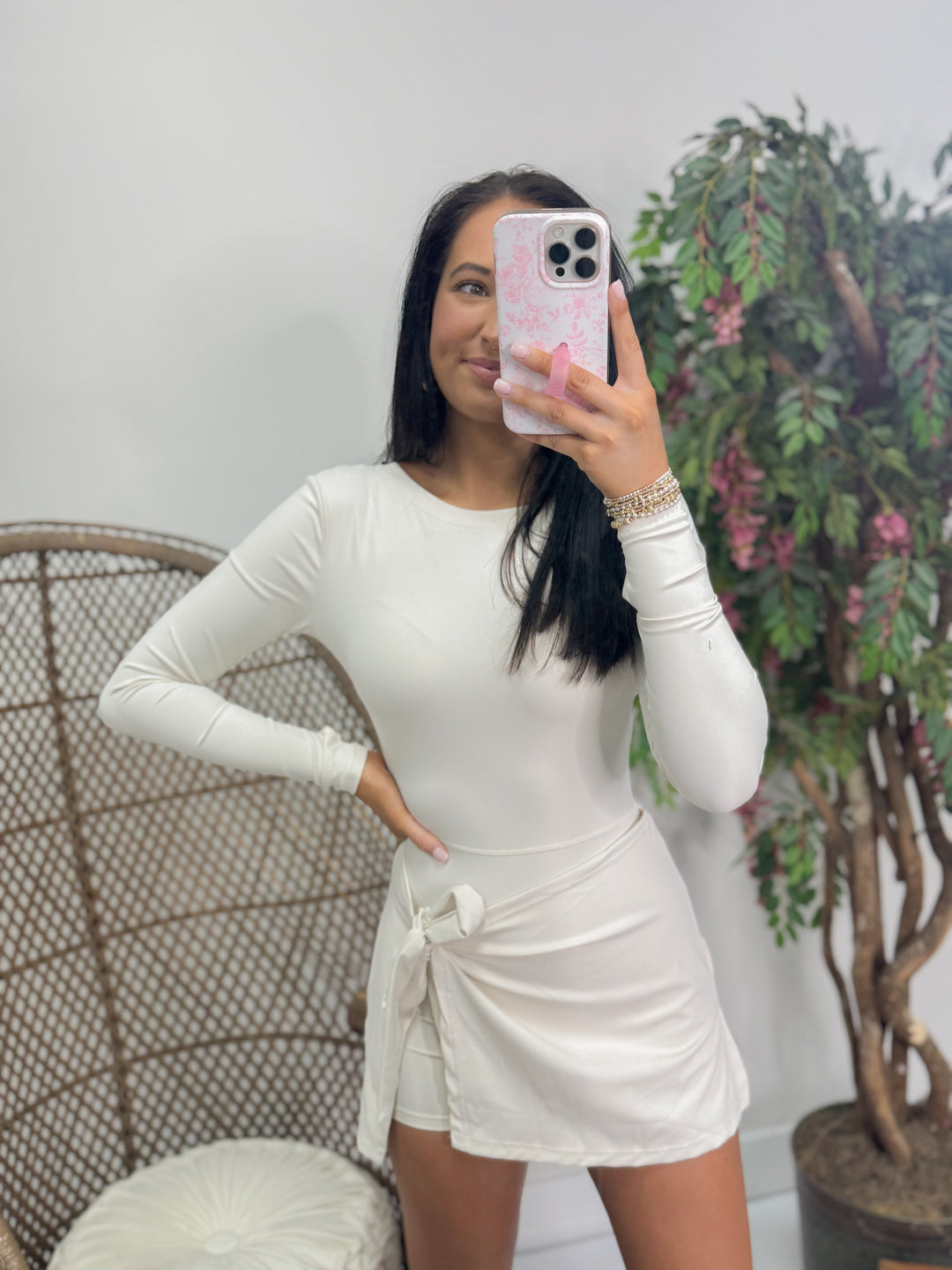 Long Sleeve Wrap Tie Front Dress "Cream"