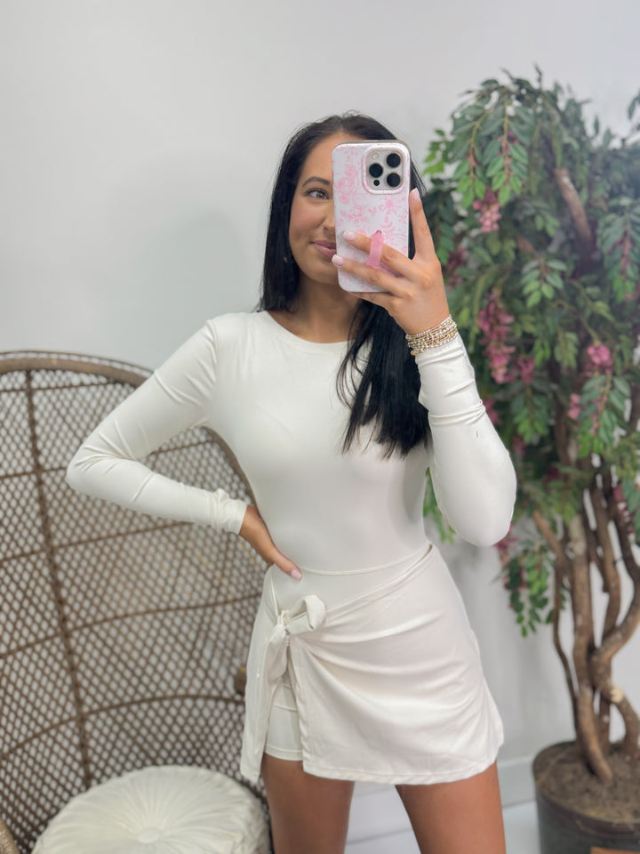 Long Sleeve Wrap Tie Front Dress "Cream"